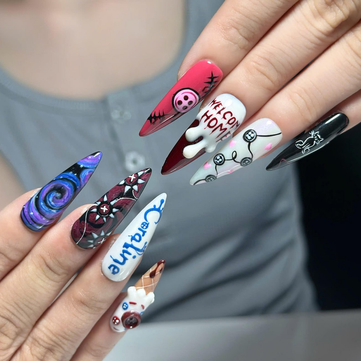 Creepy Cute Press On Nails with Button Eye Art | Dark Fantasy 3D Design | Spooky Halloween Statement Nails | OB536UC