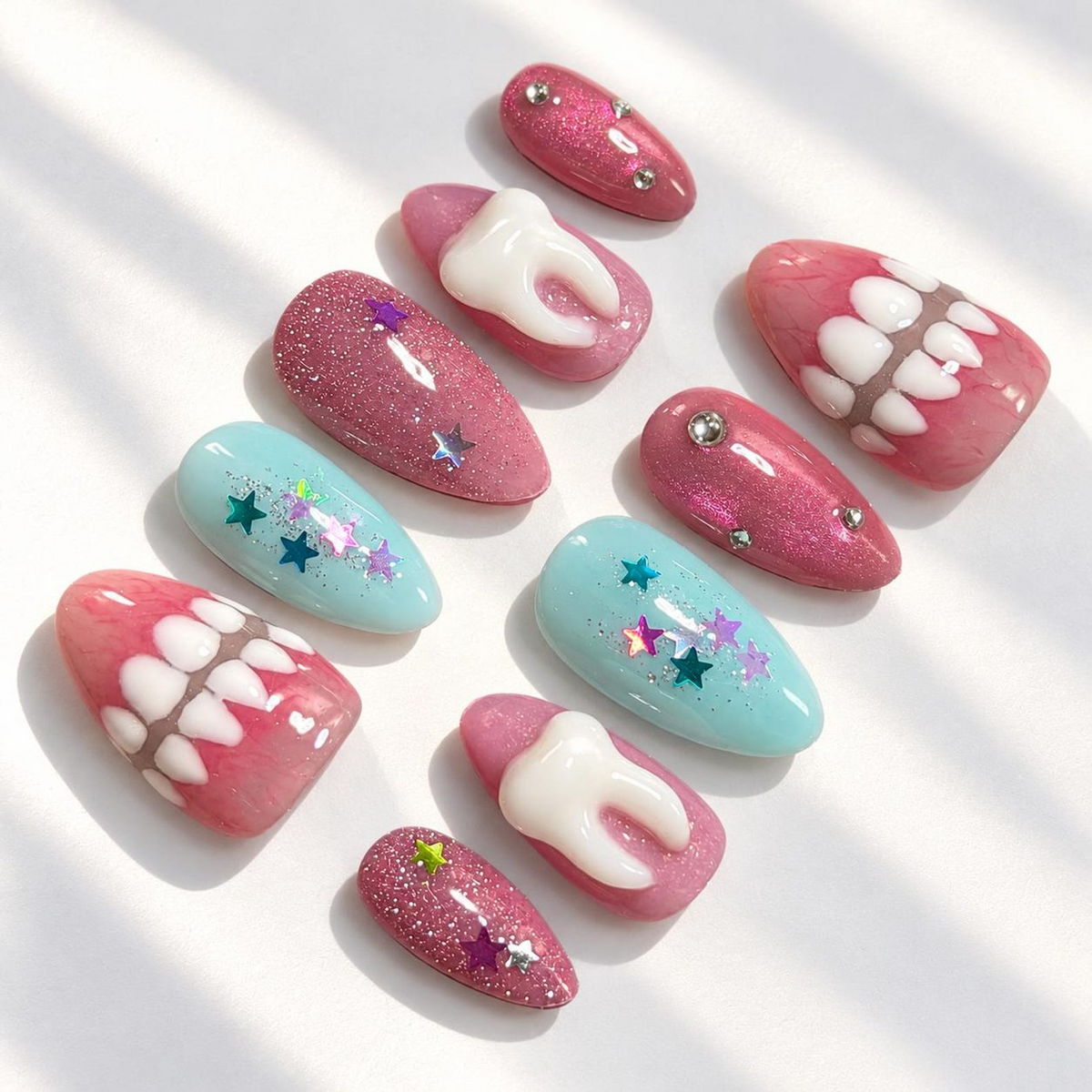 Creepy Cute Press On Nails | Y2K Pink Gums and 3D Tooth Nail Art | Pastel Horror Glitter Stars | Kawaii Gothic Almond Nails | OB721U