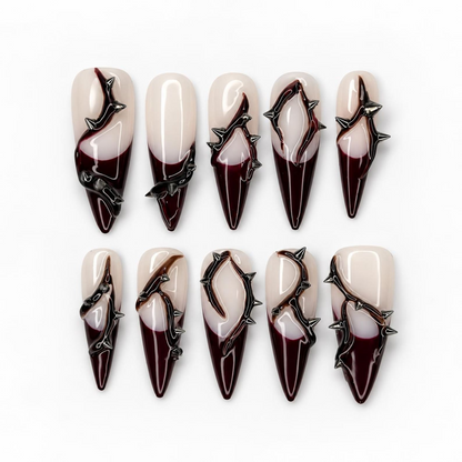 Custom Gothic Baroque Stiletto Press on Nails, Burgundy 3D Thorn Nail Art, Handmade Reusable Nails | OB693XG