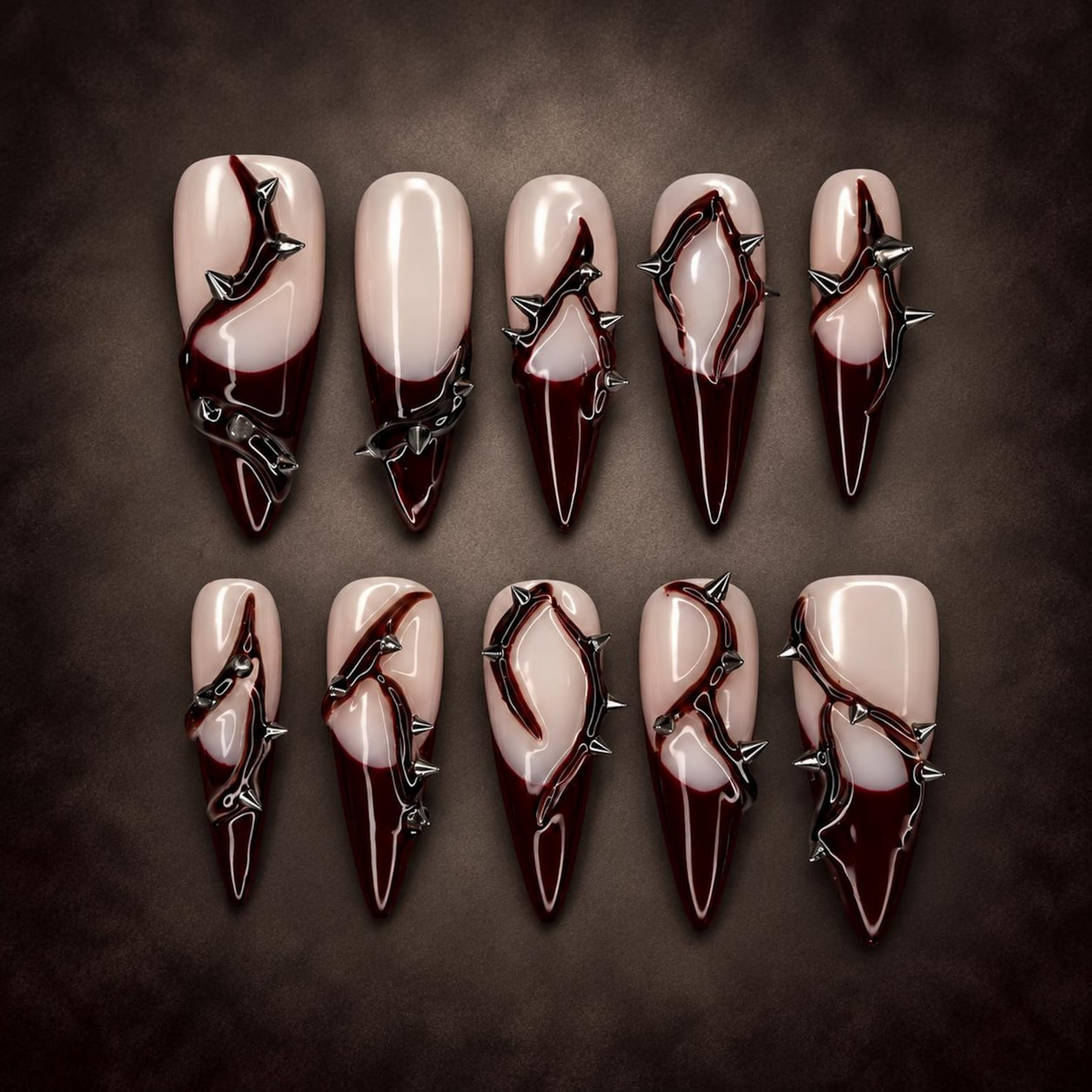Custom Gothic Baroque Stiletto Press on Nails, Burgundy 3D Thorn Nail Art, Handmade Reusable Nails | OB693XG