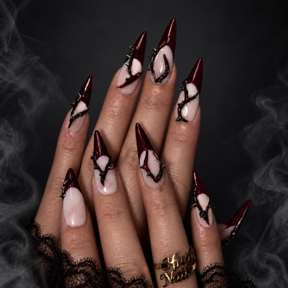 Custom Gothic Baroque Stiletto Press on Nails, Burgundy 3D Thorn Nail Art, Handmade Reusable Nails | OB693XG