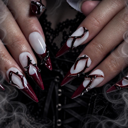 Custom Gothic Baroque Stiletto Press on Nails, Burgundy 3D Thorn Nail Art, Handmade Reusable Nails | OB693XG