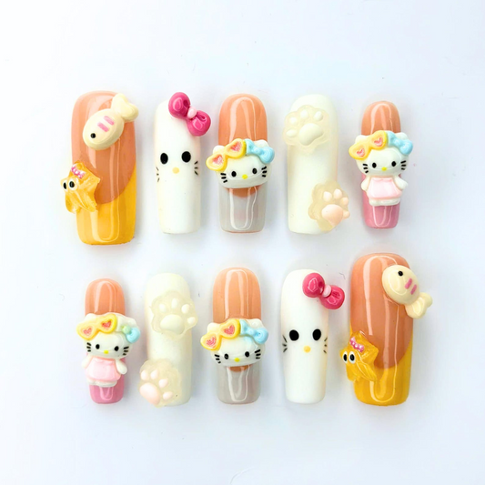 Cute 3D Cat Press On Nails with Pastel Bows | Peach Pink Kawaii Nail Art | Raised Paw Print Charms | Handmade Long Almond Nail Set | OB699UA