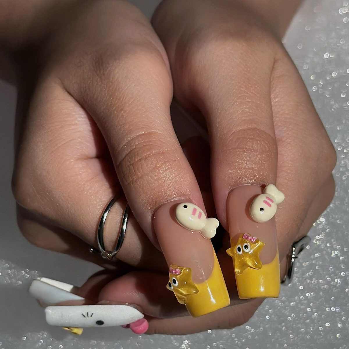 Cute 3D Cat Press On Nails with Pastel Bows | Peach Pink Kawaii Nail Art | Raised Paw Print Charms | Handmade Long Almond Nail Set | OB699UA