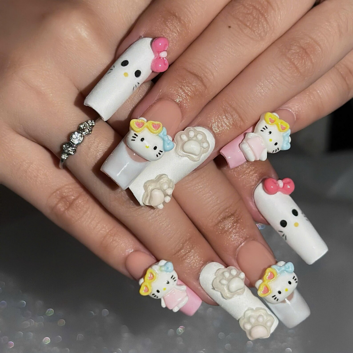 Cute 3D Cat Press On Nails with Pastel Bows | Peach Pink Kawaii Nail Art | Raised Paw Print Charms | Handmade Long Almond Nail Set | OB699UA