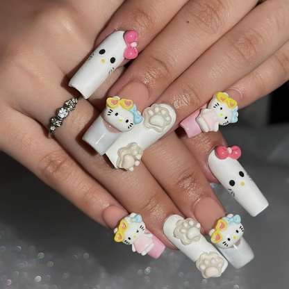 Cute 3D Cat Press On Nails with Pastel Bows | Peach Pink Kawaii Nail Art | Raised Paw Print Charms | Handmade Long Almond Nail Set | OB699UA