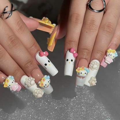 Cute 3D Cat Press On Nails with Pastel Bows | Peach Pink Kawaii Nail Art | Raised Paw Print Charms | Handmade Long Almond Nail Set | OB699UA