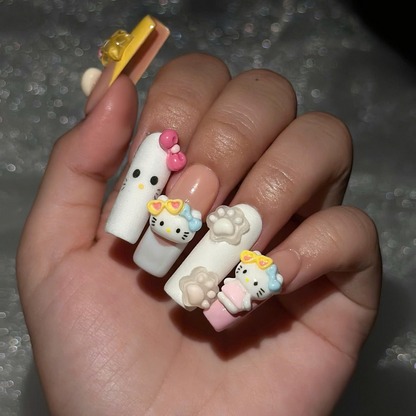 Cute 3D Cat Press On Nails with Pastel Bows | Peach Pink Kawaii Nail Art | Raised Paw Print Charms | Handmade Long Almond Nail Set | OB699UA