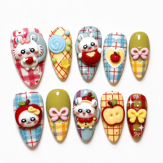 Cute Apple Press On Nails Set | 3D Kawaii Animal Nails, Plaid Cottagecore Nails, Handmade Fall Gift for Women | OB01W
