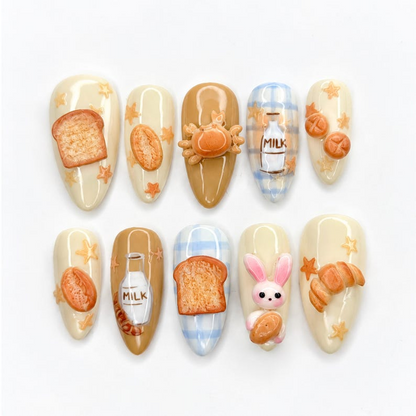 Cute Bakery Breakfast Press On Nails | 3D Toast Milk Bottle and Bunny Nail Art | Blue Gingham Coquette Design | Long Almond Nails | OB724UA