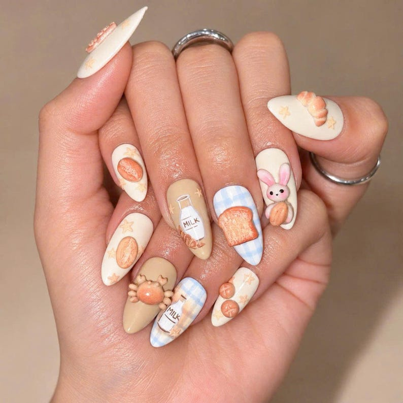 Cute Bakery Breakfast Press On Nails | 3D Toast Milk Bottle and Bunny Nail Art | Blue Gingham Coquette Design | Long Almond Nails | OB724UA