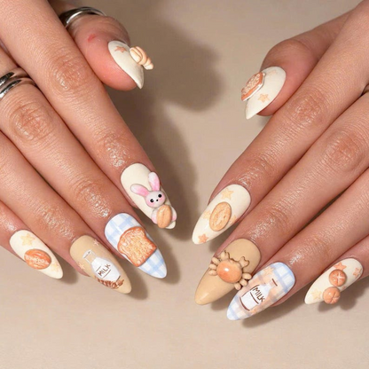 Cute Bakery Breakfast Press On Nails | 3D Toast Milk Bottle and Bunny Nail Art | Blue Gingham Coquette Design | Long Almond Nails | OB724UA