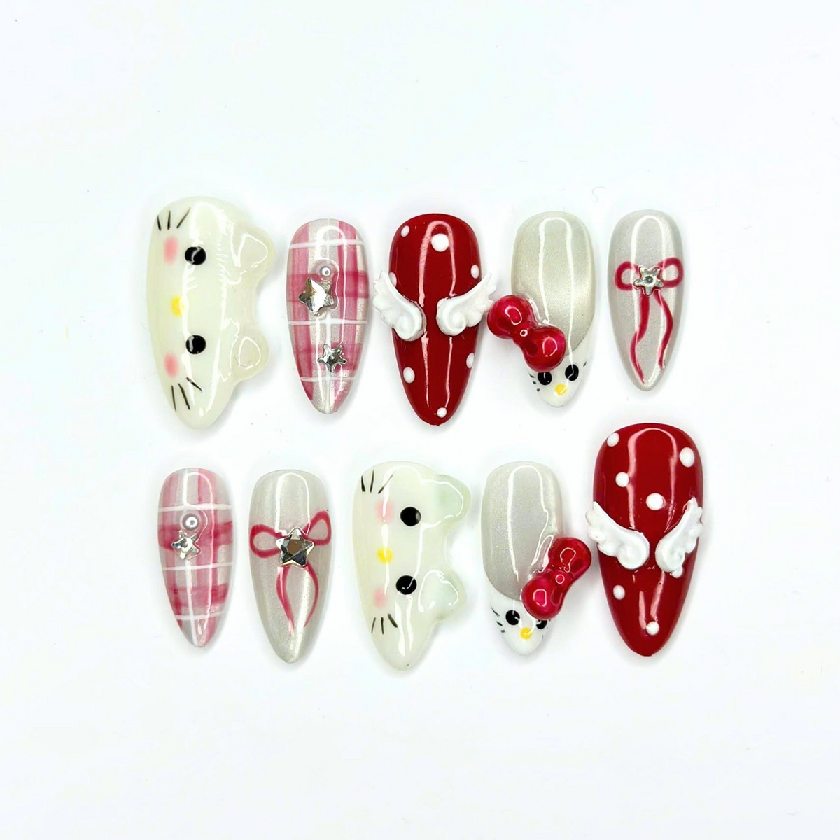 Cute Cat Pink Coquette Press On Nails | 3D Red Bow and Pearl White Nail Art | Pink Plaid French Tips | Handmade Long Almond Nails | OB727UI
