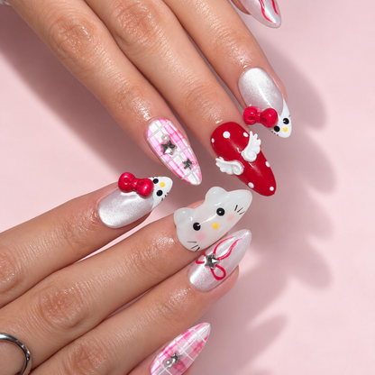 Cute Cat Pink Coquette Press On Nails | 3D Red Bow and Pearl White Nail Art | Pink Plaid French Tips | Handmade Long Almond Nails | OB727UI