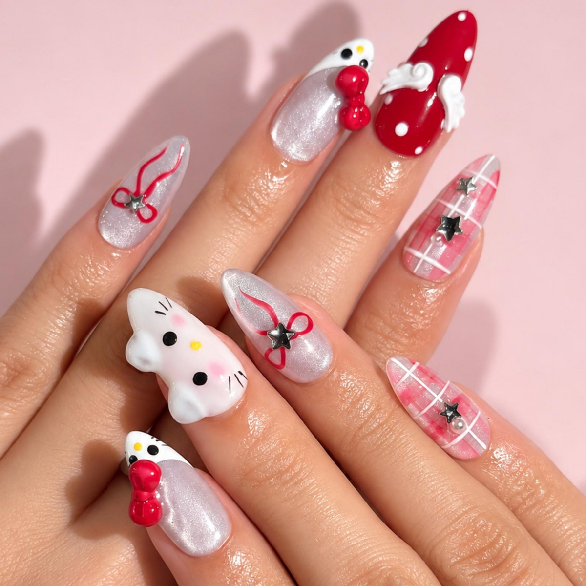 Cute Cat Pink Coquette Press On Nails | 3D Red Bow and Pearl White Nail Art | Pink Plaid French Tips | Handmade Long Almond Nails | OB727UI