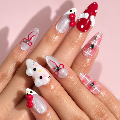 Cute Cat Pink Coquette Press On Nails | 3D Red Bow and Pearl White Nail Art | Pink Plaid French Tips | Handmade Long Almond Nails | OB727UI