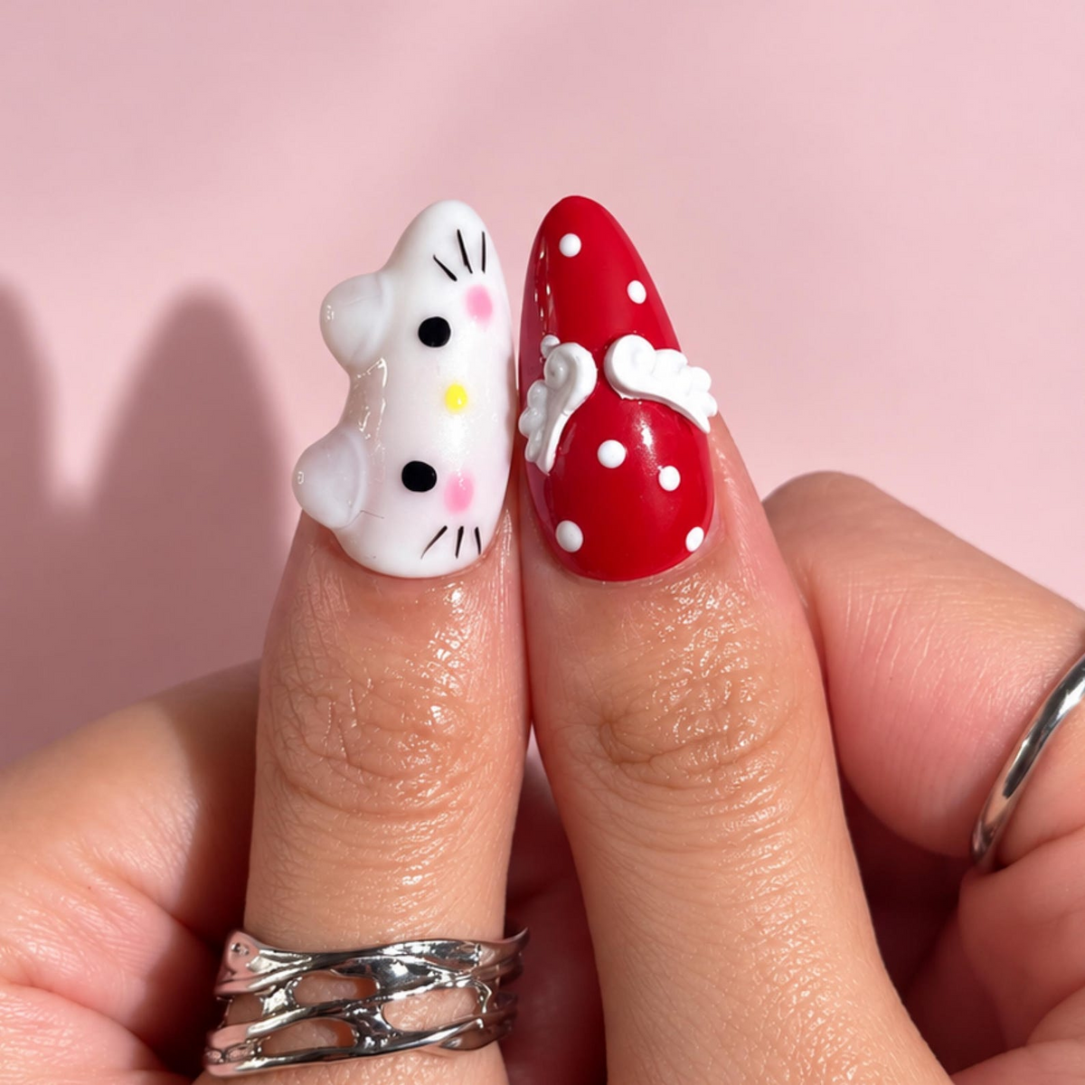 Cute Cat Pink Coquette Press On Nails | 3D Red Bow and Pearl White Nail Art | Pink Plaid French Tips | Handmade Long Almond Nails | OB727UI