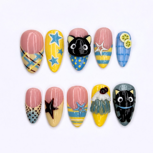 Cute Cat Press On Nails with 3D Kitty Art , Colorful Star Fake Nails , Handmade Whimsical Nails for Fall Gift | OB517WI