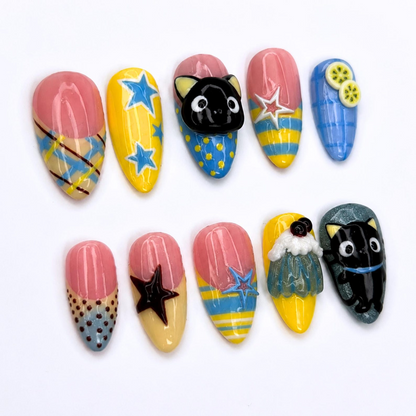 Cute Cat Press On Nails with 3D Kitty Art , Colorful Star Fake Nails , Handmade Whimsical Nails for Fall Gift | OB517WI