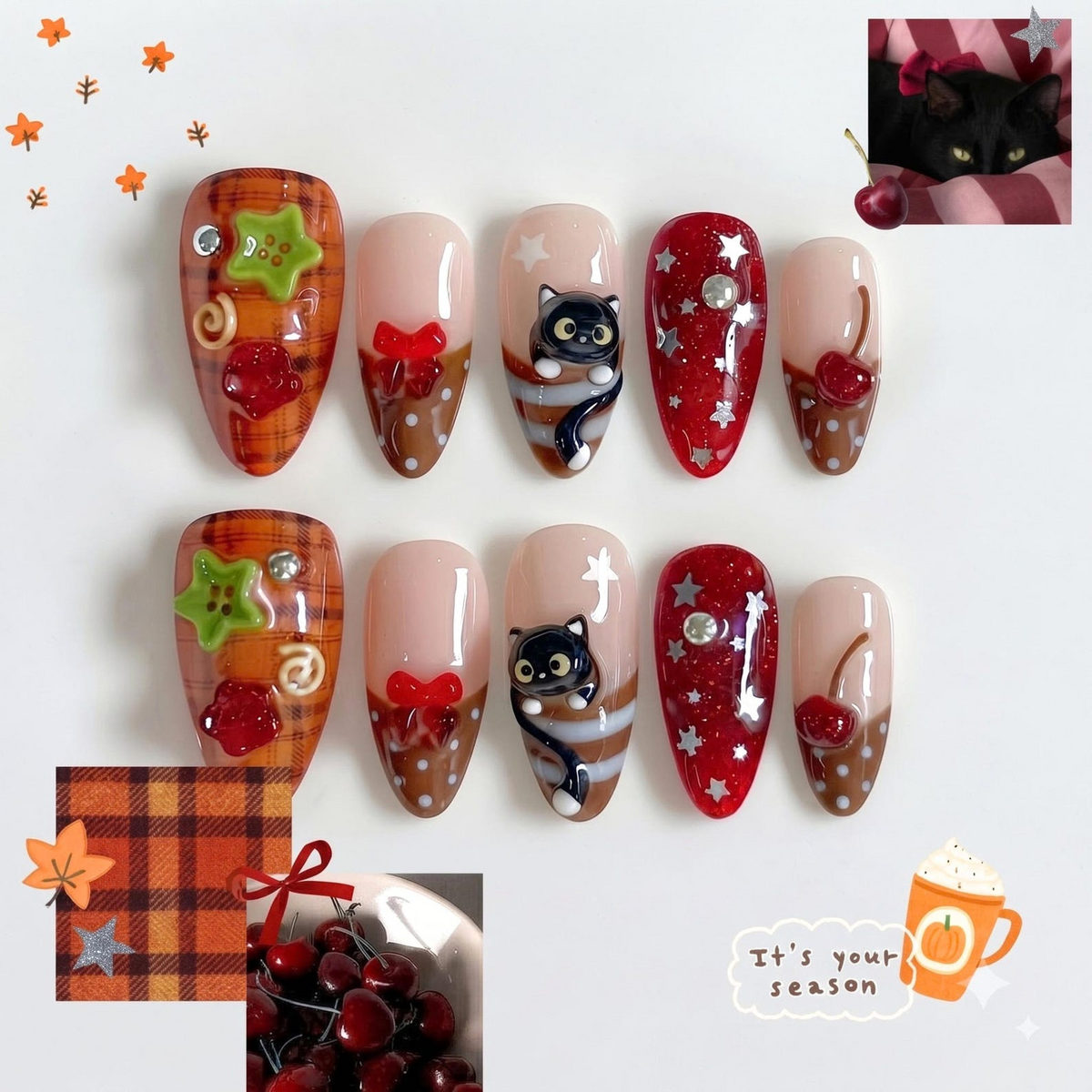 Cute Fall Press On Nails with Black Cat & Cherry | 3D Bow Autumn Nails | Red Plaid Handmade Nail Set | OB666U