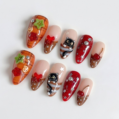 Cute Fall Press On Nails with Black Cat & Cherry | 3D Bow Autumn Nails | Red Plaid Handmade Nail Set | OB666U