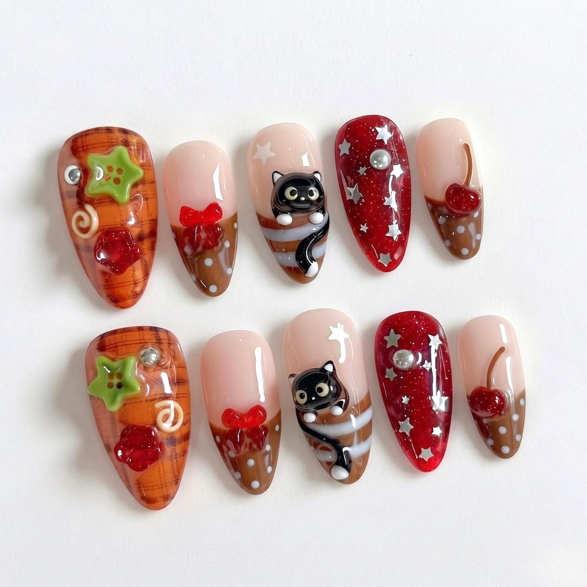 Cute Fall Press On Nails with Black Cat & Cherry | 3D Bow Autumn Nails | Red Plaid Handmade Nail Set | OB666U