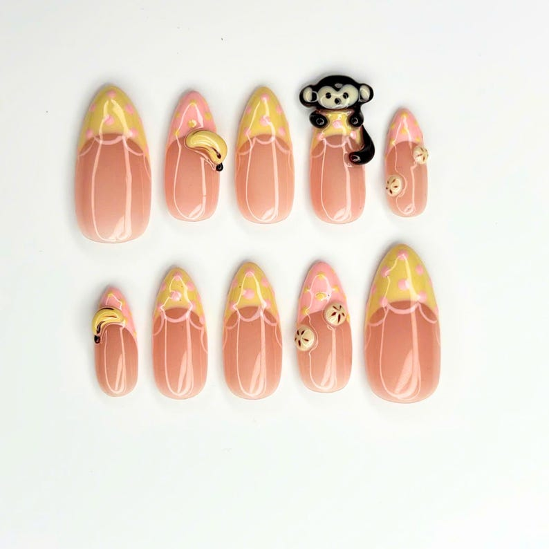 Cute Fruit Press On Nails with 3D Banana Charms | Peach Pink Fake Nails in Long Almond | Handmade Kawaii Nail Art for Summer | OC482UC