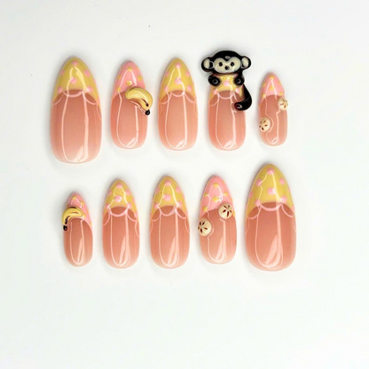 Cute Fruit Press On Nails with 3D Banana Charms | Peach Pink Fake Nails in Long Almond | Handmade Kawaii Nail Art for Summer | OC482UC