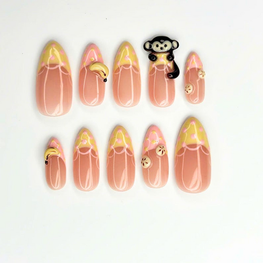 Cute Fruit Press On Nails with 3D Banana Charms | Peach Pink Fake Nails in Long Almond | Handmade Kawaii Nail Art for Summer | OC482UC