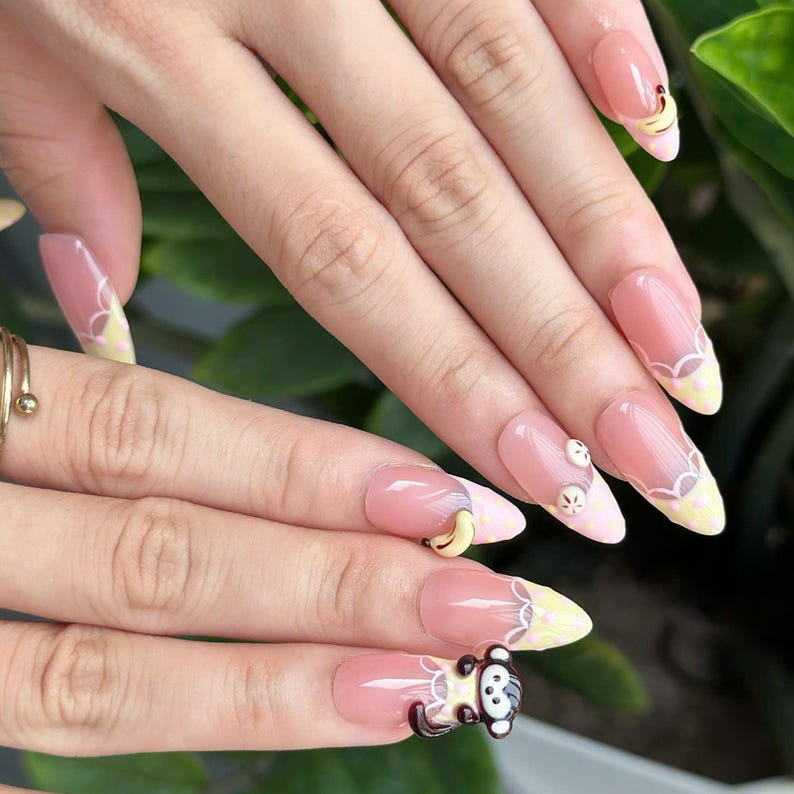 Cute Fruit Press On Nails with 3D Banana Charms | Peach Pink Fake Nails in Long Almond | Handmade Kawaii Nail Art for Summer | OC482UC