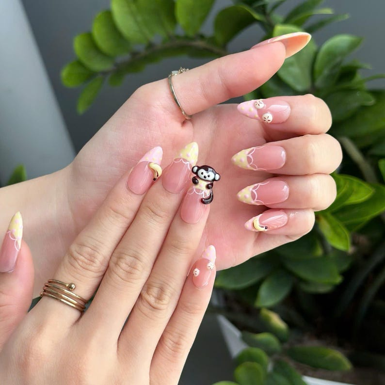 Cute Fruit Press On Nails with 3D Banana Charms | Peach Pink Fake Nails in Long Almond | Handmade Kawaii Nail Art for Summer | OC482UC