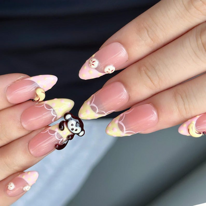Cute Fruit Press On Nails with 3D Banana Charms | Peach Pink Fake Nails in Long Almond | Handmade Kawaii Nail Art for Summer | OC482UC
