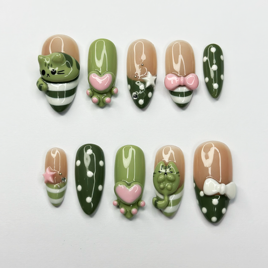 3D Cat Kawaii Press On Nails | Cute Green Bow Heart Nail Set | Character Almond Nails | OB1002JC