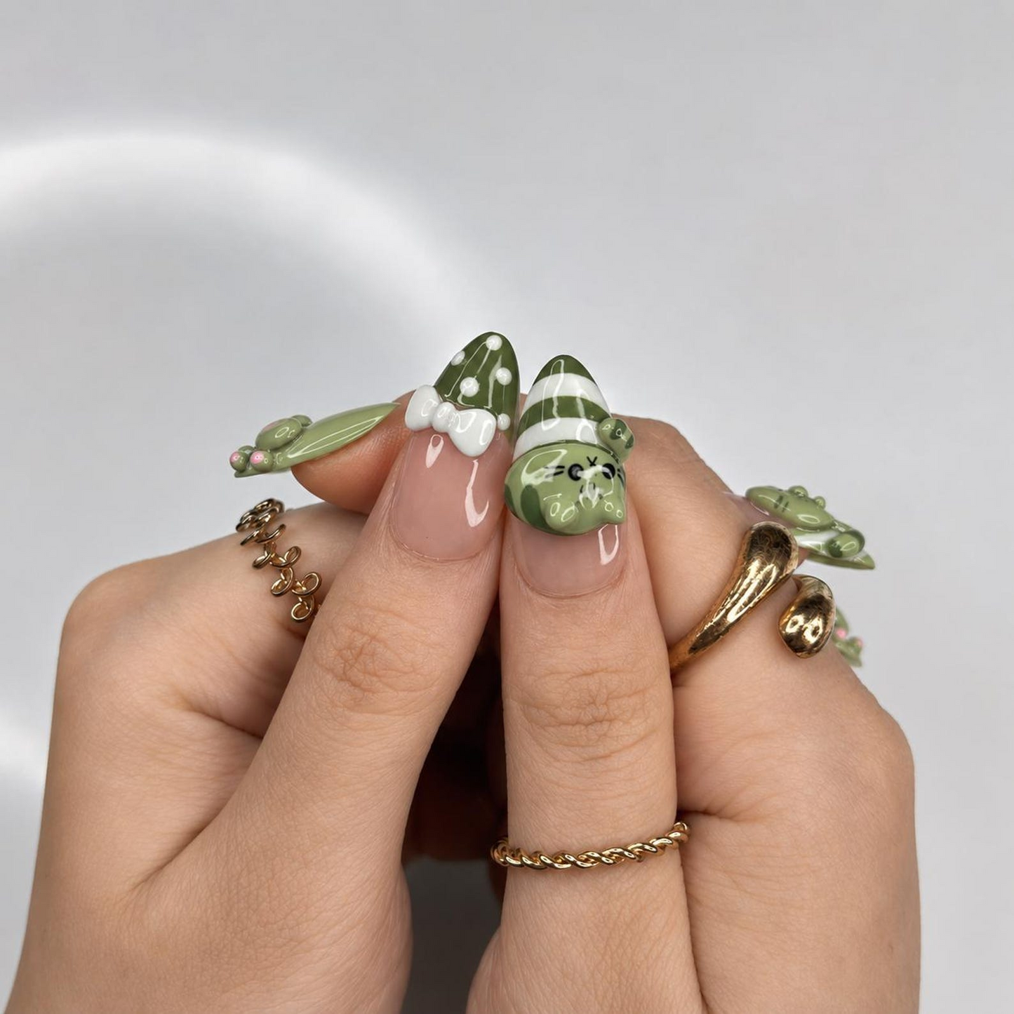 3D Cat Kawaii Press On Nails | Cute Green Bow Heart Nail Set | Character Almond Nails | OB1002JC