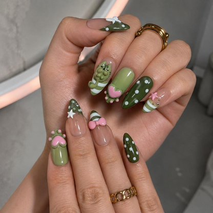 3D Cat Kawaii Press On Nails | Cute Green Bow Heart Nail Set | Character Almond Nails | OB1002JC