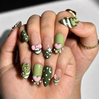 3D Cat Kawaii Press On Nails | Cute Green Bow Heart Nail Set | Character Almond Nails | OB1002JC