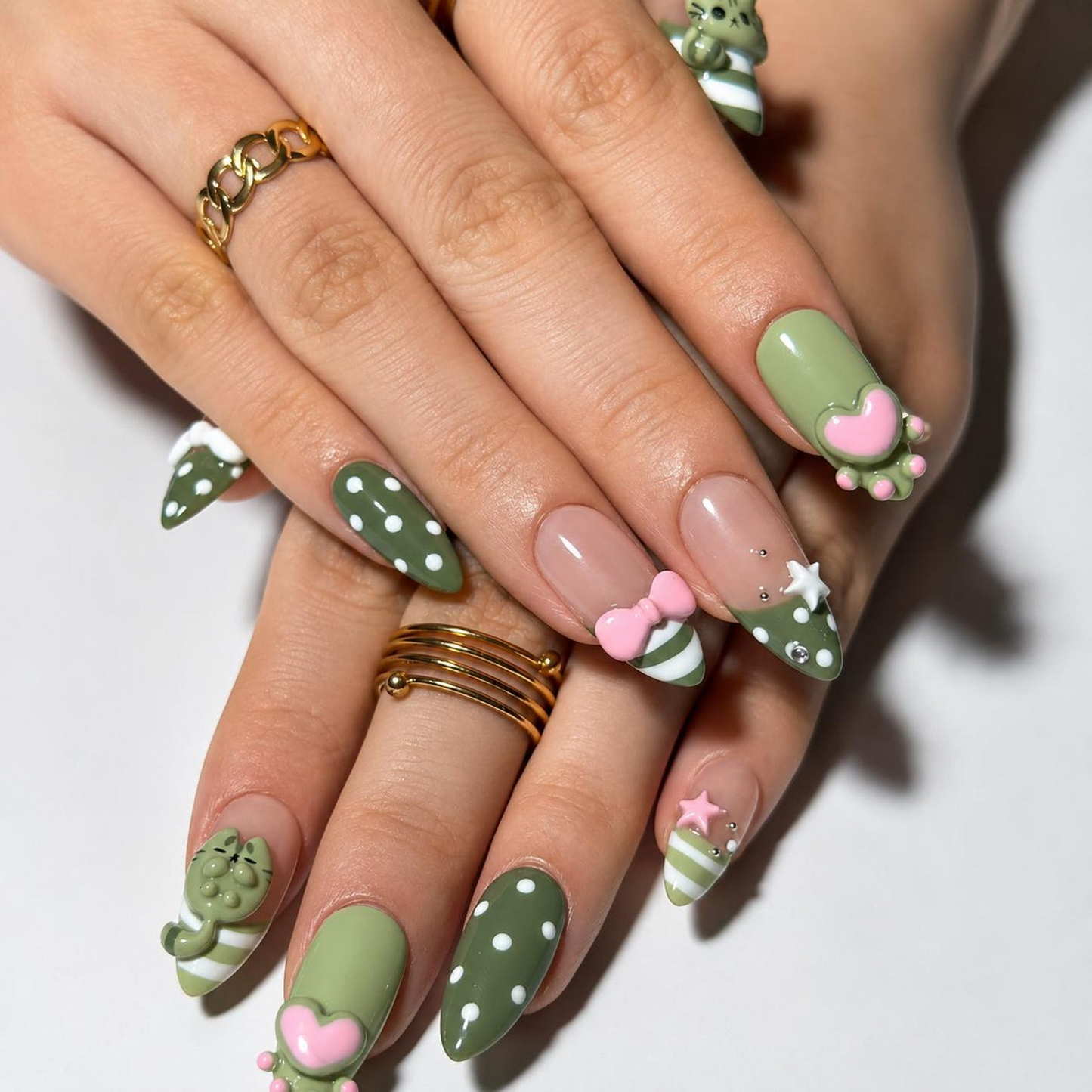 3D Cat Kawaii Press On Nails | Cute Green Bow Heart Nail Set | Character Almond Nails | OB1002JC