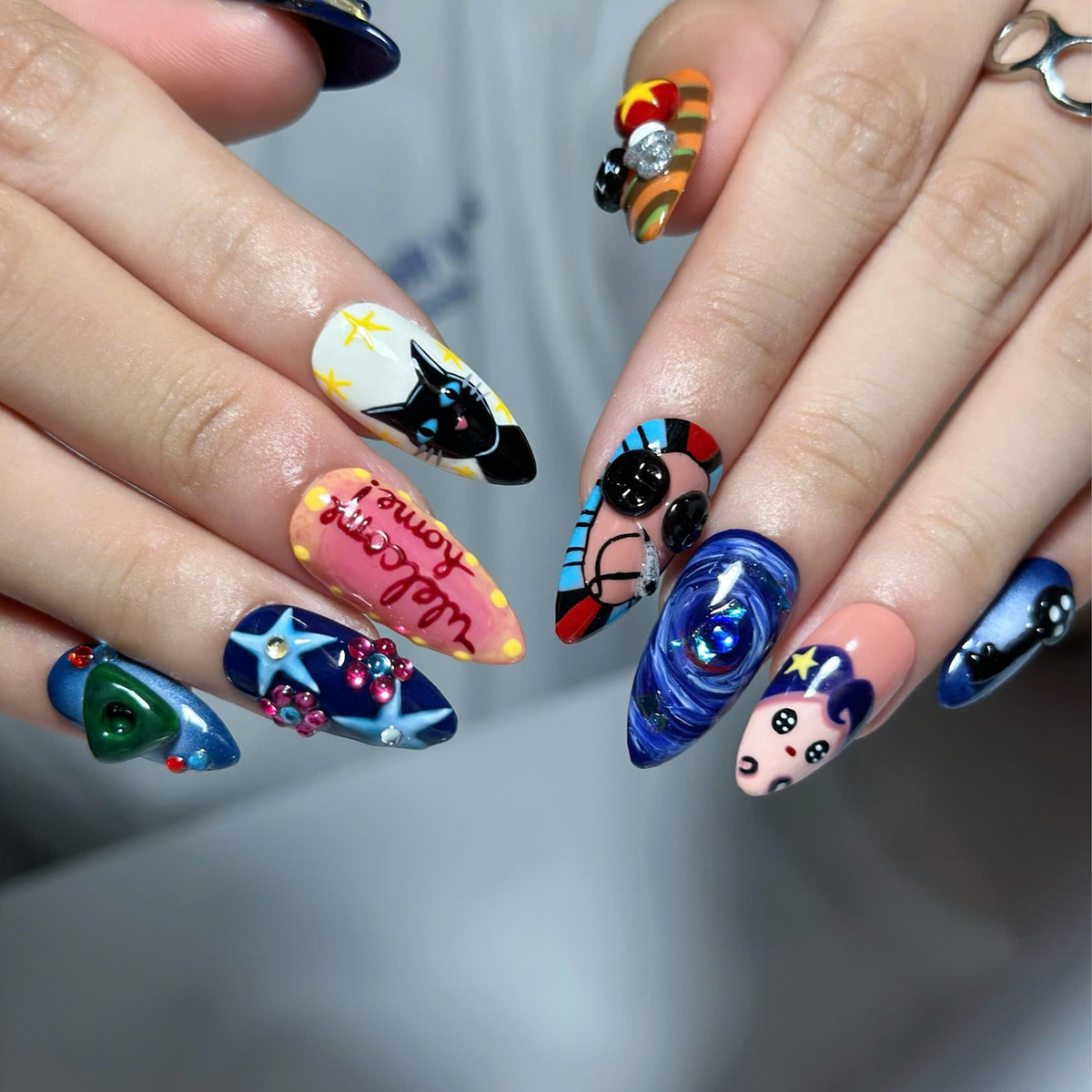 Dark Fantasy Press On Nails with Black Cat & Eye Art | Whimsical 3D Charms | Eclectic Statement Nails | OB547UI