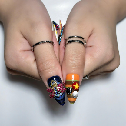 Dark Fantasy Press On Nails with Black Cat & Eye Art | Whimsical 3D Charms | Eclectic Statement Nails | OB547UI