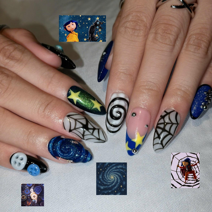 Dark Fantasy Press On Nails with Button Eyes | Spider Web & Galaxy Art | Spooky 3D Nail Set | OB556UC