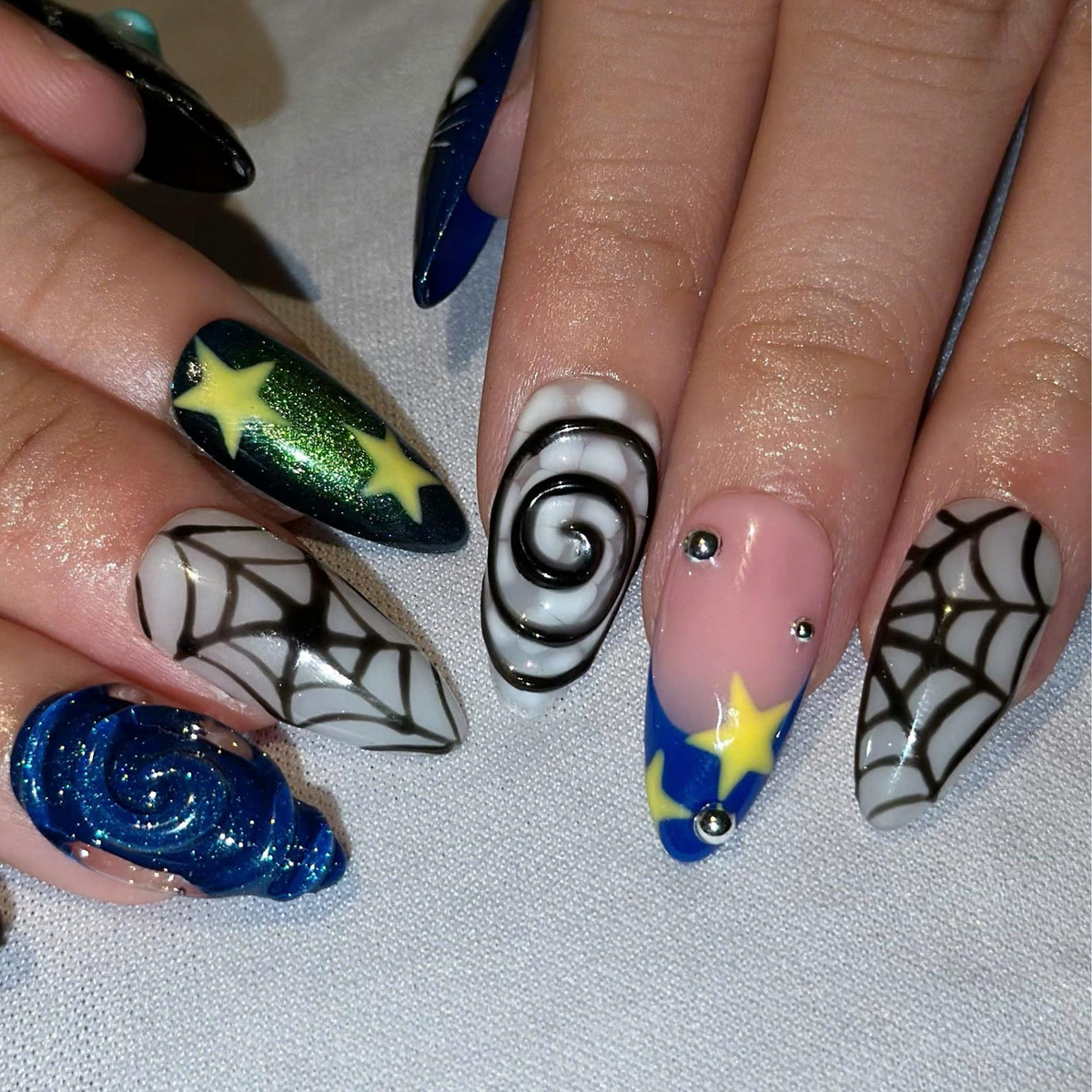 Dark Fantasy Press On Nails with Button Eyes | Spider Web & Galaxy Art | Spooky 3D Nail Set | OB556UC
