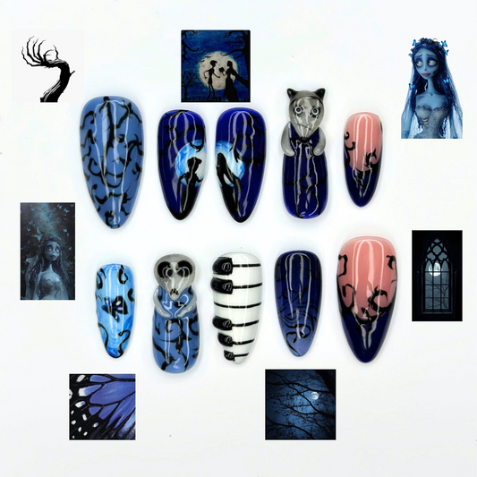 Dark Fantasy Press On Nails with Gothic Art | Midnight Blue 3D Details | Spooky Storybook Nails | OB552UC