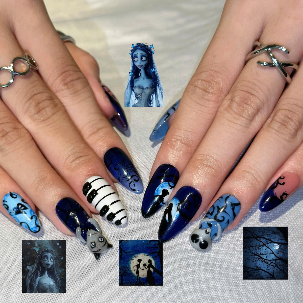 Dark Fantasy Press On Nails with Gothic Art | Midnight Blue 3D Details | Spooky Storybook Nails | OB552UC