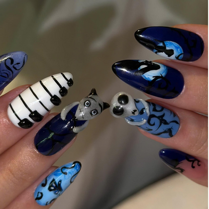 Dark Fantasy Press On Nails with Gothic Art | Midnight Blue 3D Details | Spooky Storybook Nails | OB552UC