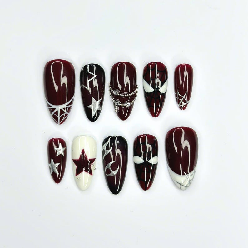 Dark Red Gothic Press On Nails with Spider Web | Burgundy Star Fake Nails | Handmade Alternative Nail Art for Halloween, Party | OB504UC
