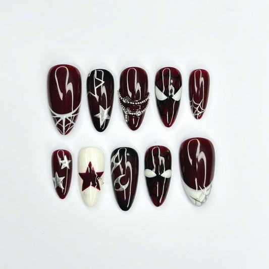 Dark Red Gothic Press On Nails with Spider Web | Burgundy Star Fake Nails | Handmade Alternative Nail Art for Halloween, Party | OB504UC