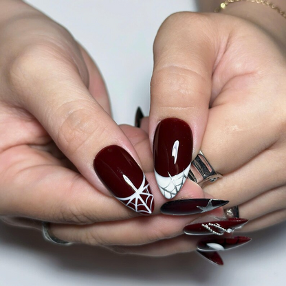Dark Red Gothic Press On Nails with Spider Web | Burgundy Star Fake Nails | Handmade Alternative Nail Art for Halloween, Party | OB504UC