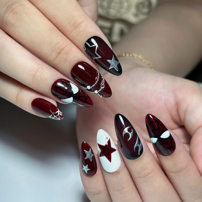 Dark Red Gothic Press On Nails with Spider Web | Burgundy Star Fake Nails | Handmade Alternative Nail Art for Halloween, Party | OB504UC