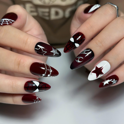 Dark Red Gothic Press On Nails with Spider Web | Burgundy Star Fake Nails | Handmade Alternative Nail Art for Halloween, Party | OB504UC