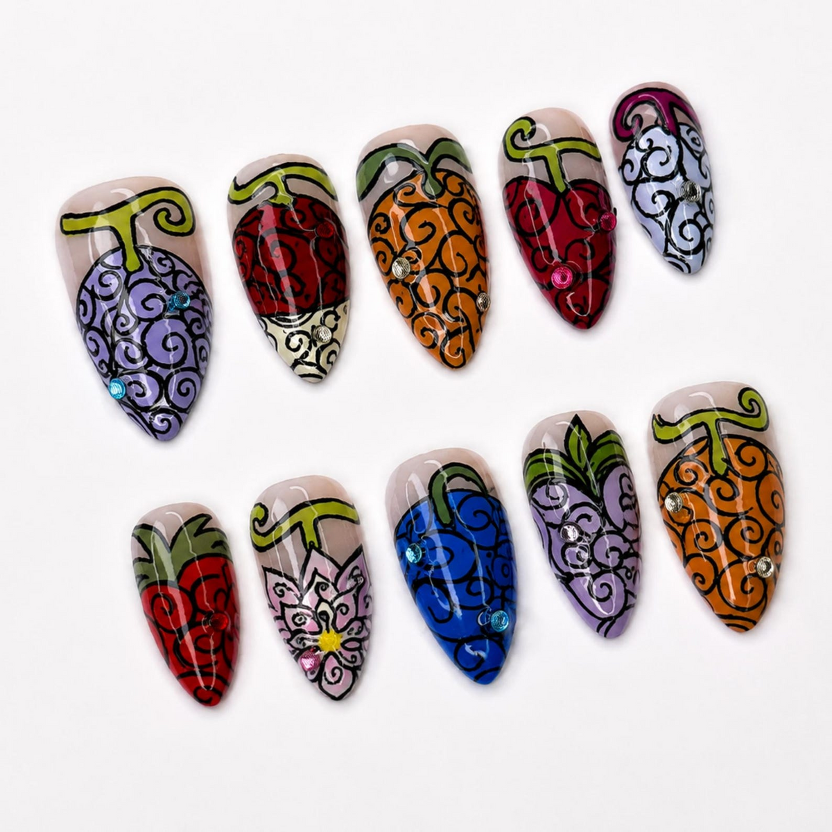 Devil Fruit Press On Nails with Swirl Art , Colorful Anime Inspired Nails , Handmade Fantasy Nails for Cosplay Gift | OB525WP